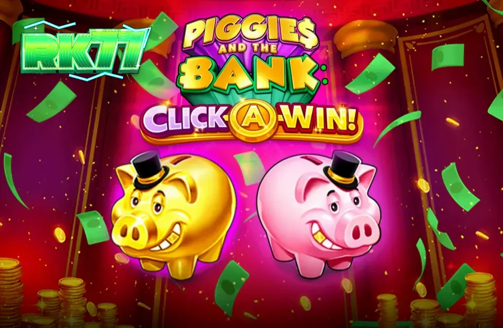 Tampilan visual permainan slot Piggies and the Bank dengan karakter babi bertopi